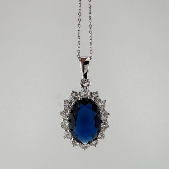 Stunning 6.40 Carat Imperial Lab Created  Blue Sapphire Pendant Necklace - Picture 4 of 16